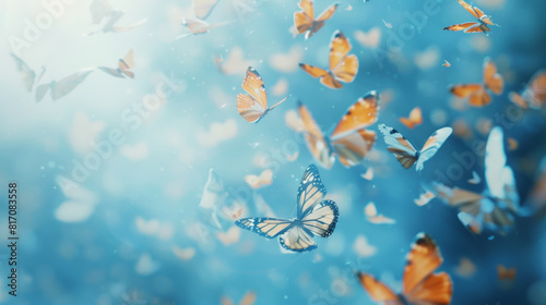 Whimsical flight of butterflies ascending through sunlit, ethereal blue skies, symbolizing freedom.