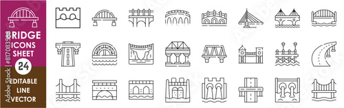 A set of line icons related to Bridges. Various types of bridge outline style vector icons.