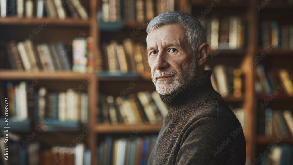 An elder man's piercing gaze amidst a library evokes wisdom and stories untold. An elder man's piercing gaze amidst a library evokes wisdom and stories untold.