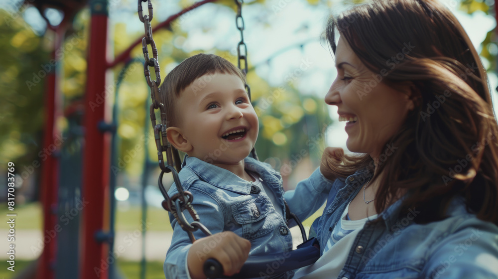 A joyful child experiences pure delight on a swing, with a loving parent sharing in the moment of bliss. A joyful child experiences pure delight on a swing, with a loving parent sharing in the moment of bliss.