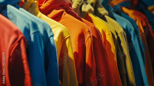 Vibrant rainbow of hoodies neatly lined up on display.