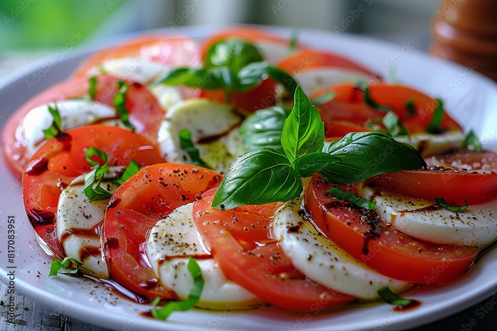 Caprese Salad: Slices of fresh mozzarella, ripe tomatoes, and basil leaves, drizzled with balsamic glaze and olive oil. The ingredients should look fresh and vibrant. Caprese Salad: Slices of fresh mozzarella, ripe tomatoes, and basil leaves, drizzled with balsamic glaze and olive oil. The ingredients should look fresh and vibrant.