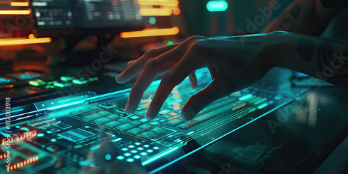 In a shadowy den, a cybernetic virtuoso masters a holofile interface, their agile digits gliding effortlessly across the projected keyboards, each movement a dance of intricate precision. photo