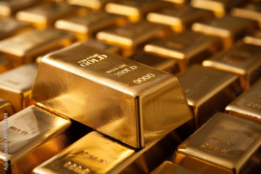 A pile of gold bars with one of them having the number 5000 on it A pile of gold bars with one of them having the number 5000 on it