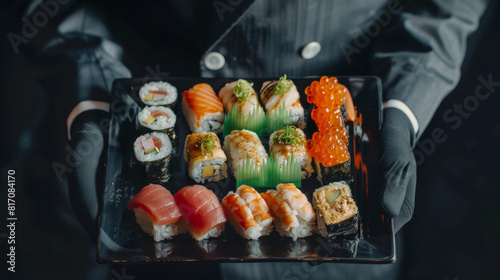 A luxurious assortment of sushi served with precise presentation in elegant ambiance.