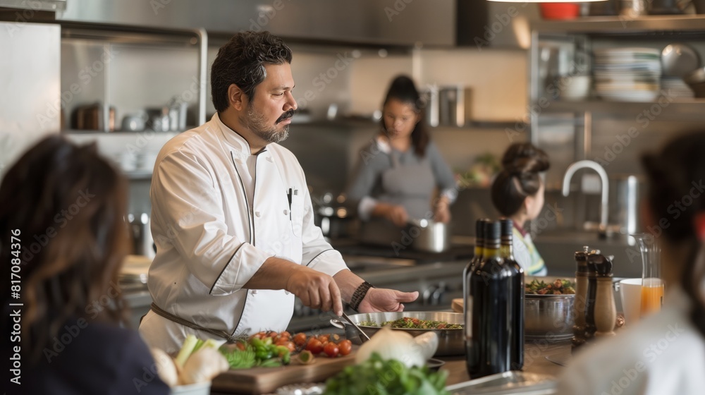 Culinary Chef Preparing Ingredients in a Restaurant Kitchen with Team