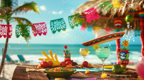 Festive beach party scene with colorful decorations, refreshing cocktails, capturing a tropical vibe.