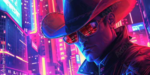 In a neon-lit cityscape, a cyberpunk cowboy nonchalantly hacks into a high-tech security system with ease. photo