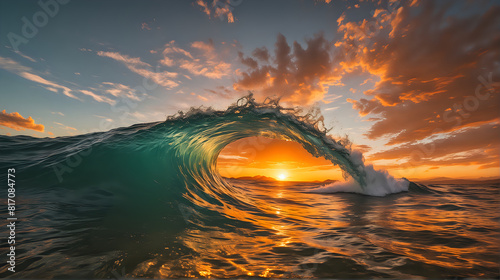 a dramatic and vibrant scene of a curling ocean wave at sunset, beautifully framing the sun and the fiery sky within its translucent arc