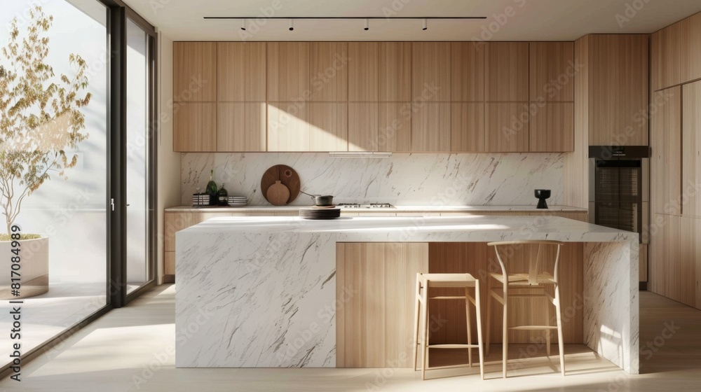 Bright, modern kitchen features a sleek marble island and elegant ...