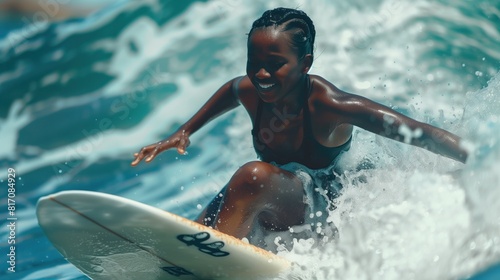 Black woman practicing surfing sport, person is focused and enjoying the sport, sports photography, generative ai