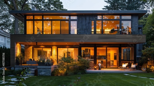 Exterior shot of a minimalist-style house at twilight, with warm interior lights glowing through the windows. © Plaifah
