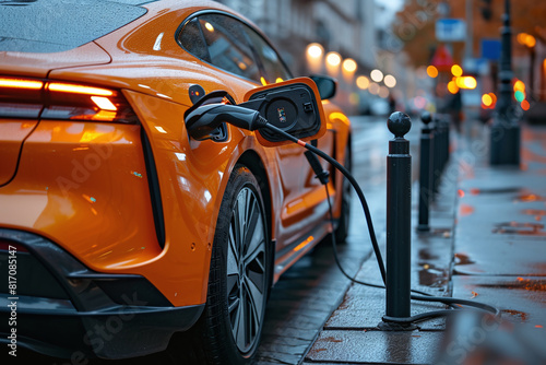 EV futuristic sport car charging with charger at electric charge station. Technology battery high power electric energy with a connected charging cable, Green renewable energy, battery storage future 