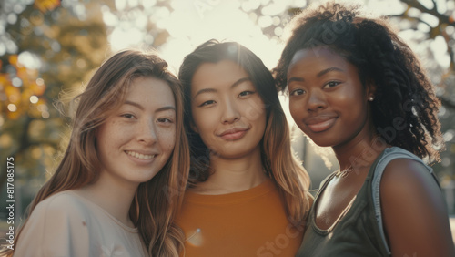 Sun-kissed trio of friends embracing golden hour with warmth. photo