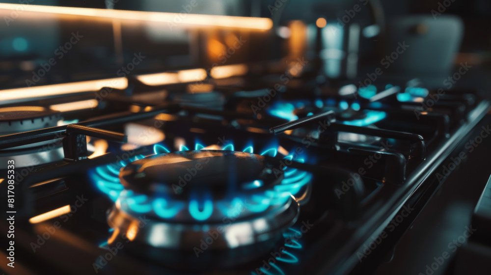 Blue flames dance atop a gas stove, hinting at culinary adventures ahead. Blue flames dance atop a gas stove, hinting at culinary adventures ahead.