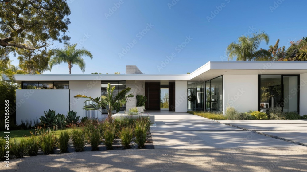 Exterior shot of a minimalist-style house with a flat roof, clean white walls, and minimalist landscaping. Exterior shot of a minimalist-style house with a flat roof, clean white walls, and minimalist landscaping.