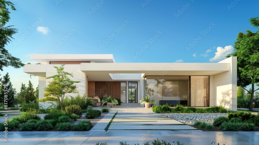 Fototapeta premium Exterior shot of a minimalist-style house with a flat roof, clean white walls, and minimalist landscaping.