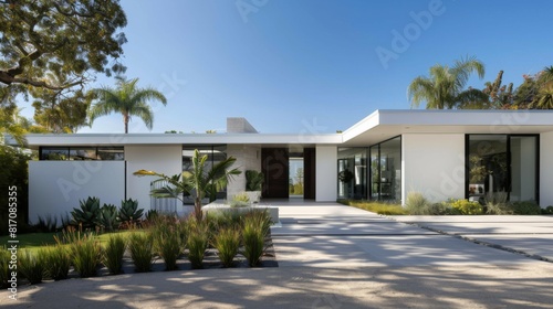 Exterior shot of a minimalist-style house with a flat roof, clean white walls, and minimalist landscaping. © Plaifah