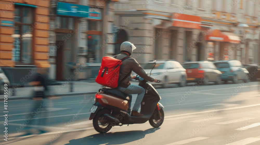 A dynamic photo of a courier on a scooter speeding past urban buildings.