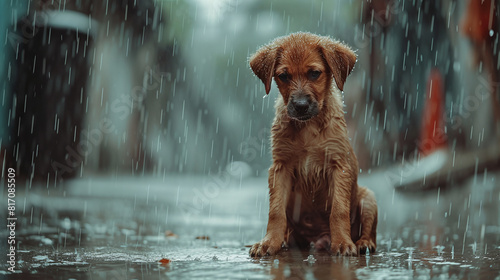 Stray homeless dog, sad abandoned hungry puppy sitting alone in the street under rain dirty wet lost, outdoors pets adoption shelter rescue help for pets	
