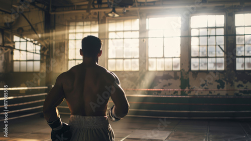 Boxer poised in an old gym, contemplating his next fight with determination.