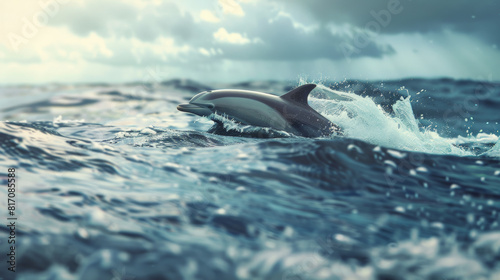 A dolphin arcs gracefully over ocean waves under stormy skies. © VK Studio