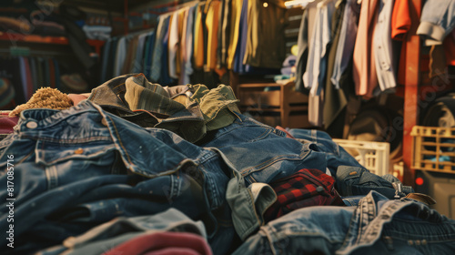 Pile of assorted preloved clothing on a market stall, inviting thrifty finds. photo