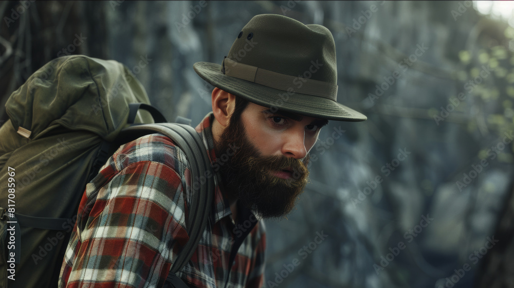 Determined hiker with a beard in a forest, embracing the wild.