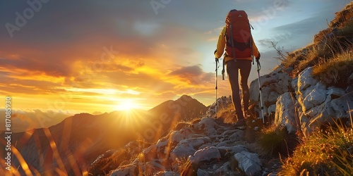Traveler woman reaching mountain peak at sunrise successful hiking adventure. Concept Travel Photography, Hiking Adventures, Mountain Peaks, Outdoor Exploration, Successful Achievements