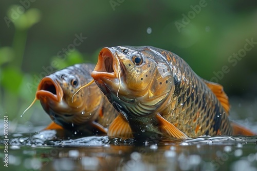Carp fish feeding on the surface of a pond, capturing natural behavior. 