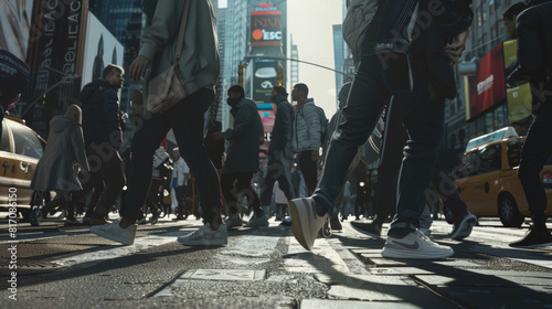 Urban hustle captured at ground level, with pedestrians crossing a busy city street. photo