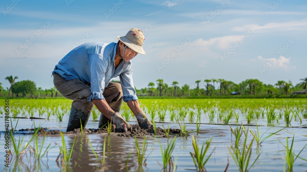 Farmer working in a flooded rice field, planting young rice seedlings in neat rows. Farmer working in a flooded rice field, planting young rice seedlings in neat rows.