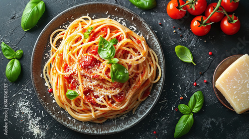 Tasty appetizing classic italian spaghetti pasta with tomato sauce, cheese parmesan and basil on plate on dark table. View from above. Copy space 