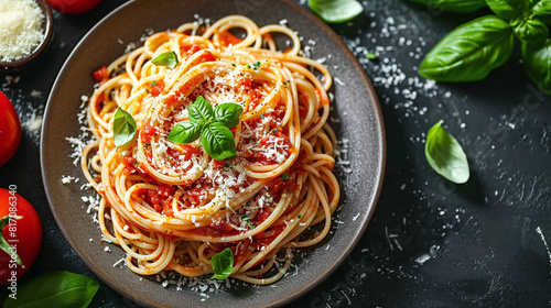 Tasty appetizing classic italian spaghetti pasta with tomato sauce, cheese parmesan and basil on plate on dark table. View from above. Copy space 