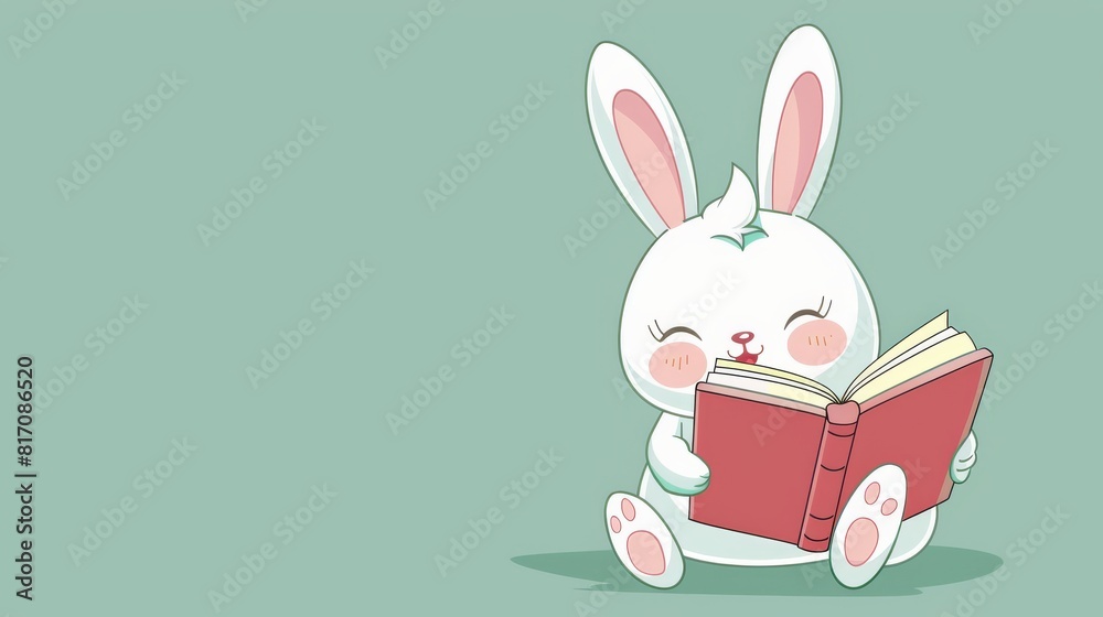 Charming Illustration of a White Rabbit Deeply Engrossed in Reading on a Gentle Green Backdrop. Charming Illustration of a White Rabbit Deeply Engrossed in Reading on a Gentle Green Backdrop.