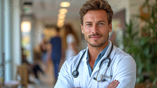 Profile photo of attractive family doctor patients consultation friendly smiling reliable virology clinic arms crossed wear white lab coat stethoscope in hospital interior. Copy space photo