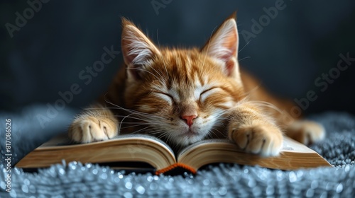 Serene Ginger Kitten Asleep on an Open Book, Captured in a Peaceful, Glittering Setting.