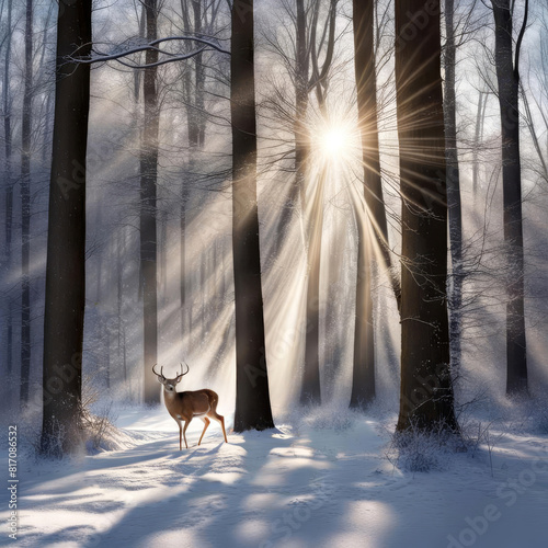 Sunbeams filter majestically through a snow-covered forest, highlighting a solitary buck deer standing amidst the serene landscape