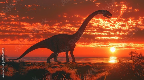 Brachiosaurus on grassy plain at sunset. Silhouette of tall dinosaur against vibrant sky. Ancient era, peaceful scene. Orange hues, setting sun. Prehistoric wildlife. © Thaniya