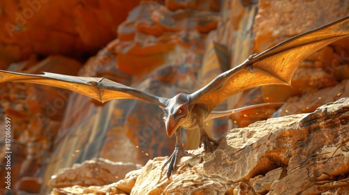 pterodactyl perched on a rocky ledge with wings extended. Intense orange and brown colors accentuate its leathery skin and sharp beak. Background features rugged, rocky terrain with warm lighting.