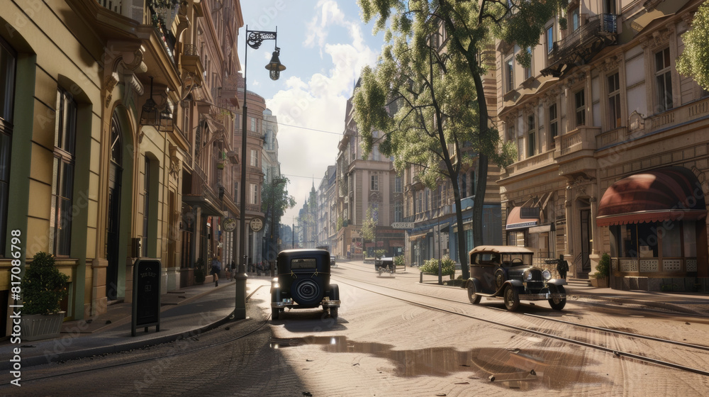 Serene city street with tram, capturing a tranquil early-era vibe.