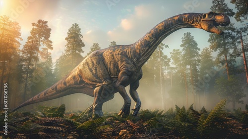 Diplodocus in misty forest with tall trees and sunlight creating warm  ethereal glow. Long-necked dinosaur with detailed skin patterns. Prehistoric ambiance full of life and mystery.