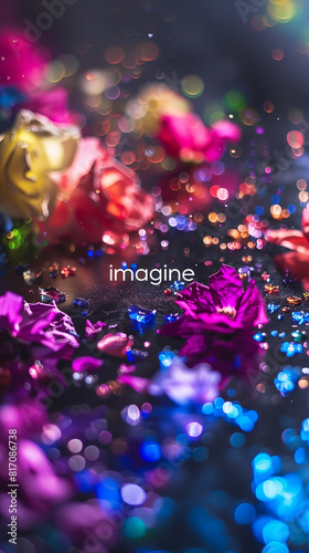 Vibrant flowers and glitter with word  imagine  in focus