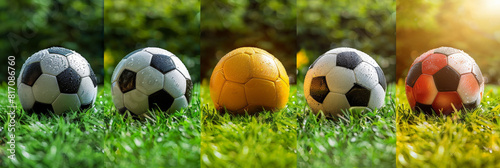 A straight line of standard-sized soccer balls lined up neatly on the vibrant green grass field. The balls are round, black and white, with a textured surface indicating their inflated state photo