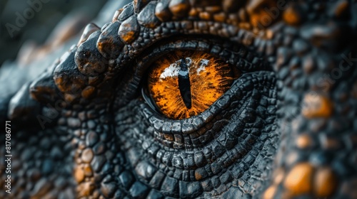Close-up of Tyrannosaurus Rex eye. Black and orange, reptilian texture. Detailed, intricate scales surrounding fierce eye. Captures intense gaze of prehistoric predator. Realistic, vivid detail...