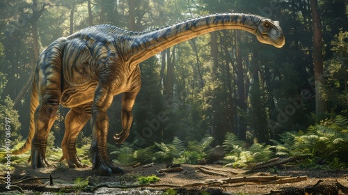 Diplodocus standing in dense forest with sunlight filtering through trees. Detailed texture and shading on dinosaur skin. Peaceful prehistoric scene with lush vegetation and greenery.