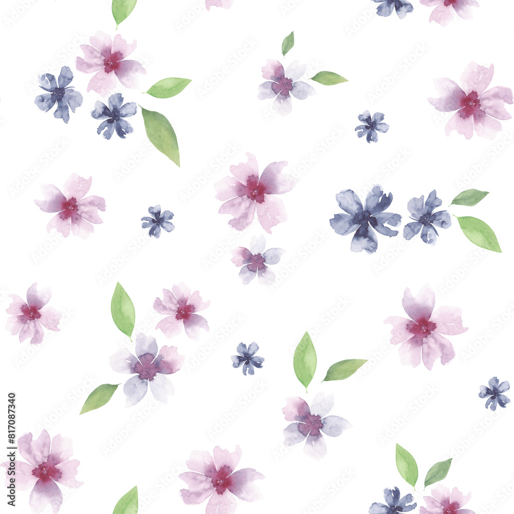 Floral watercolor seamless pattern. Delicate multicolored flowers and leaves in pastel shades on a white background. Endless pattern template for fabric, wallpaper, wrapping paper, design, hand-drawn.