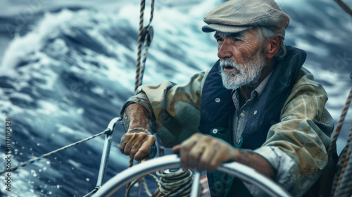 An old sailor navigates through choppy seas, his face etched with experience.