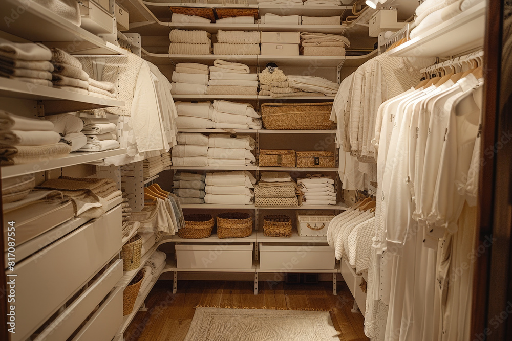 A closet filled with neatly stacked white towels and linens A closet filled with neatly stacked white towels and linens