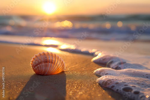Seashell on sandy beach with sunset in background, waves and light reflections